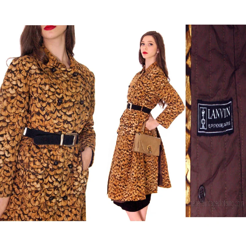 Jeanne Lanvin Paris Vintage RARE 1960s Pheasant Feather Print Trench Coat Cotton Canvas M Comfortable Zip-Up Trench Coat Jeanne Lanvin Paris Vintage RARE 1960s Pheasant Feather Print Trench Coat Cotton Canvas M Comfortable Zip-Up Trench Coat