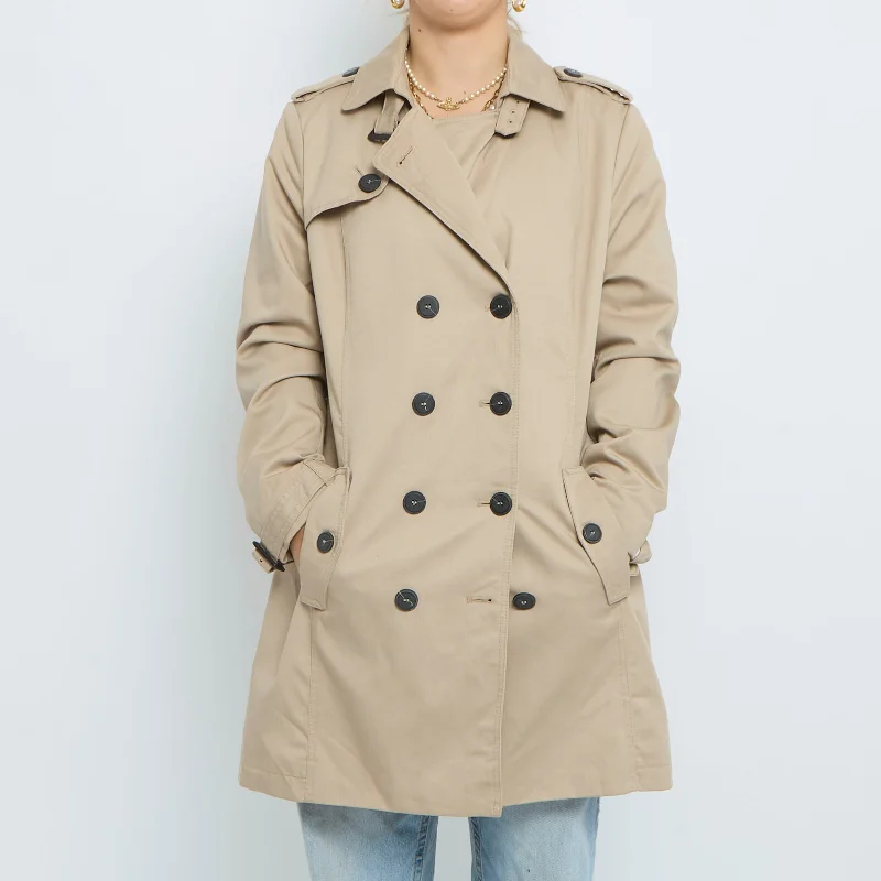 Button  Collared Trench Coat - UK 12 Sleek Black Double-Breasted Trench