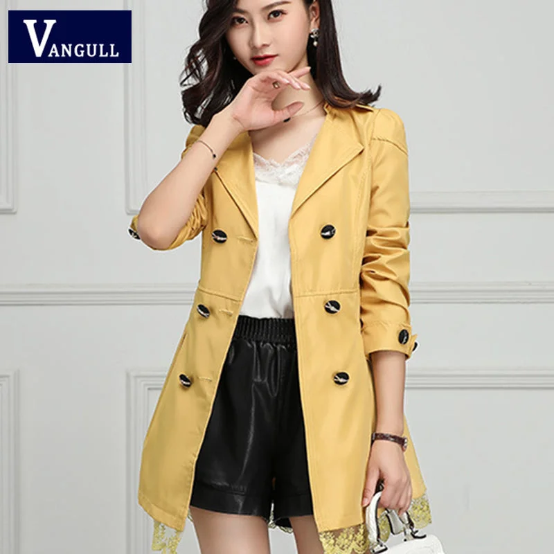 VANGULL 2019 Autumn New Korean Women Lace Long Trench Female slim Long sleeve Temperament Double Breasted Solid Coat Windbreaker Comfortable Trench Coat Design VANGULL 2019 Autumn New Korean Women Lace Long Trench Female slim Long sleeve Temperament Double Breasted Solid Coat Windbreaker Comfortable Trench Coat Design
