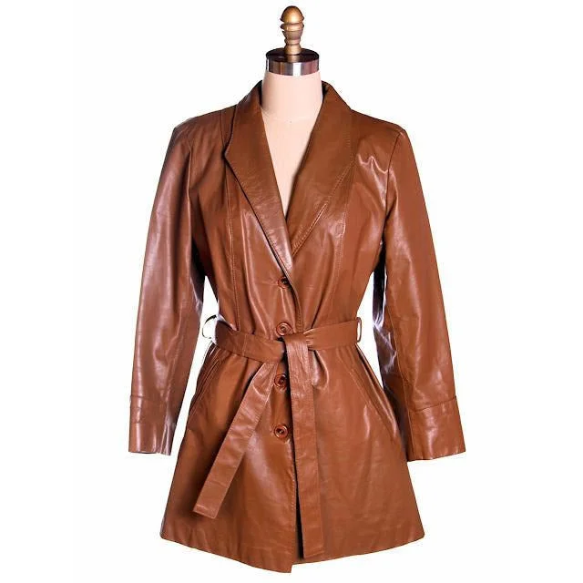 Vintage Ladies Trench Coat Leather Avanti 1970s Sz Small Elegant Belted Trench Coat