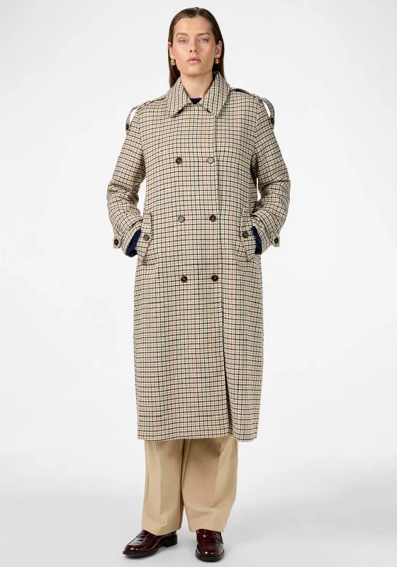 Y.A.S Sima Check Pattern Long Trench Coat, Neutral Warm Waterproof Trench Coat