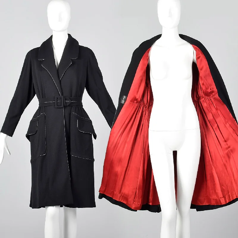 1950s Black Knit Trench Coat with Red Lining Comfortable Wool Trench Jacket