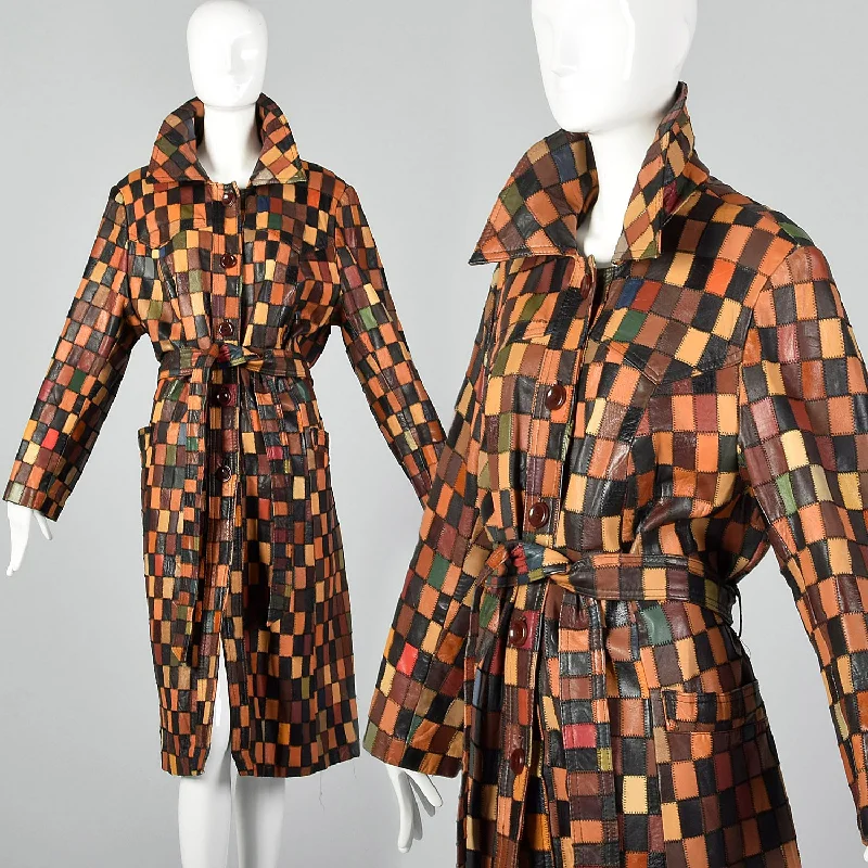 1970s Patchwork Leather Trench Coat Chic Sleeveless Wool Trench