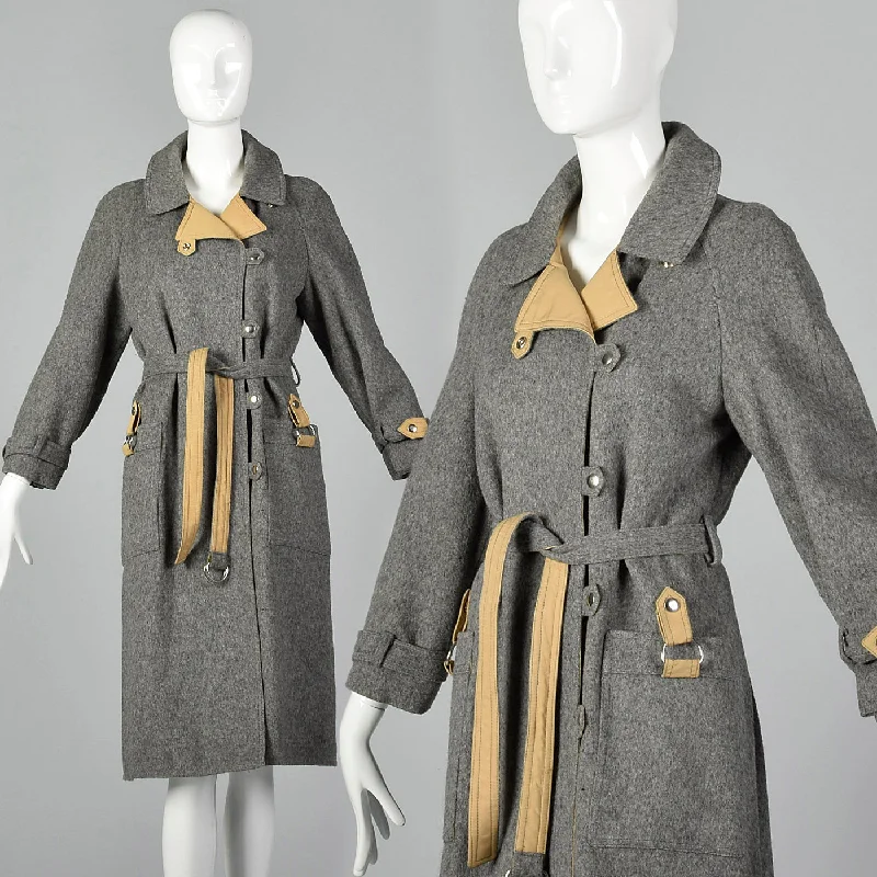 1970s Wool and Canvas Trench Coat with Snap Closures Stylish Plaid Trench Design
