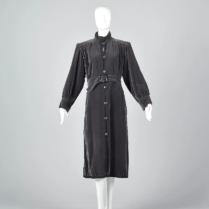 1976 Yves Saint Laurent Russian Collection Gray Velvet Trench Coat Elegant Belted Trench Coat 1976 Yves Saint Laurent Russian Collection Gray Velvet Trench Coat Elegant Belted Trench Coat