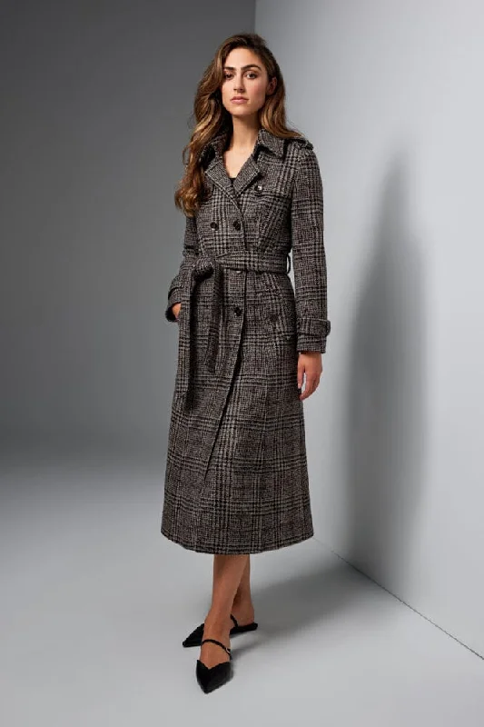 Caterina Wool Trench Coat - Brown and Burgundy Check Wool Mohair Silk Elegant Fitted Trench Coat