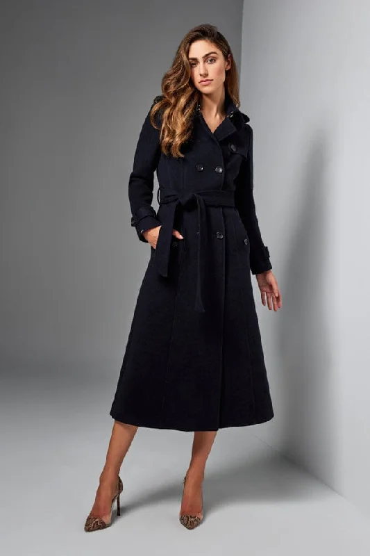 Caterina Wool Trench Coat - Navy Wool Trendy Cotton Trench Coat