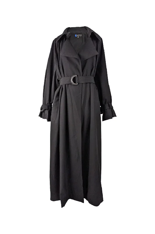 Womens Vintage Black Full Length Trench Coat, 1980s Chic Hooded Wool Trench