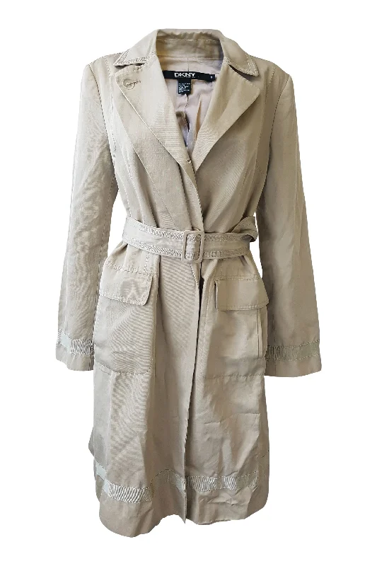DKNY Cream Cotton Knee Length Belted Trench Coat (14) Trendy Double-Breasted Trench