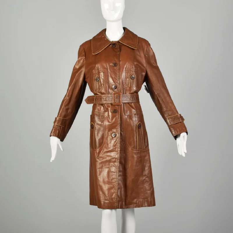 Large 1970s Brown Leather Trench Coat Wide Collar with Great Details Casual Trench Coat for Women