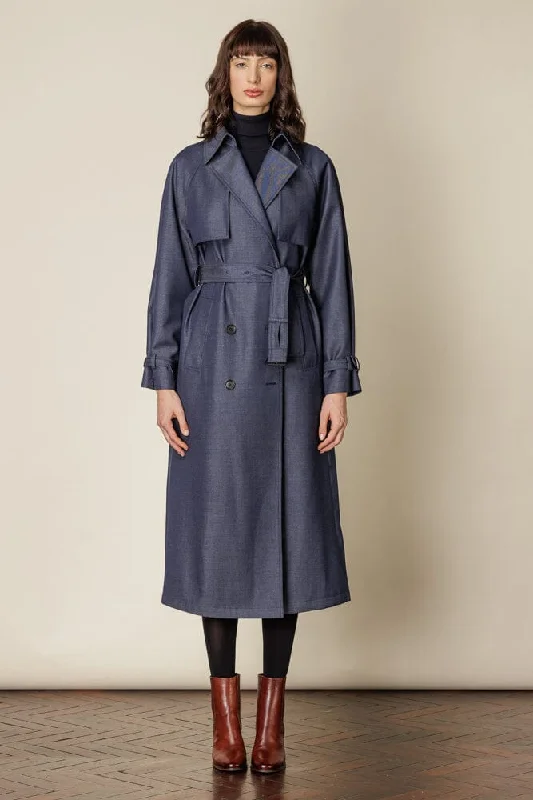 Maddie Trench Coat - Denim Blue Wool Gabardine Classic Military Trench Coat
