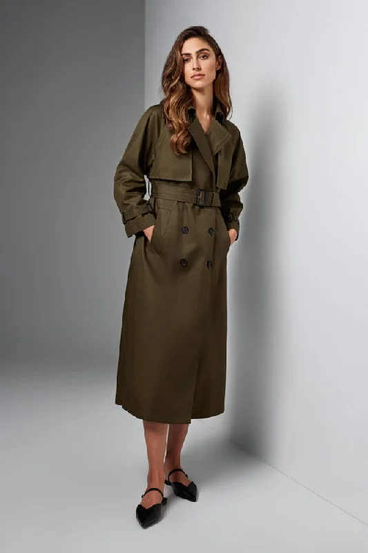 Maddie Oversized Trench Coat - Olive Cotton Gabardine Comfortable Zip-Up Trench Coat Maddie Oversized Trench Coat - Olive Cotton Gabardine Comfortable Zip-Up Trench Coat
