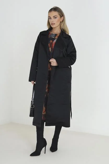 SATIN MAXI LENGTH TRENCH COAT WITH BELT Double-Breasted Belted Trench