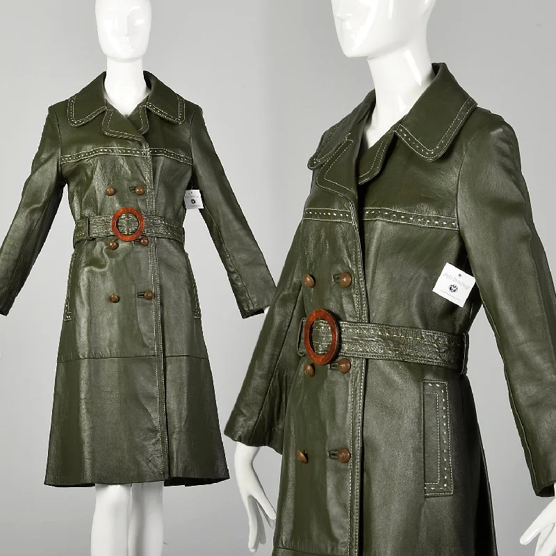 Small 1970s Green Leather Boho Trench Coat Topstitch Trendy Hooded Belted Trench
