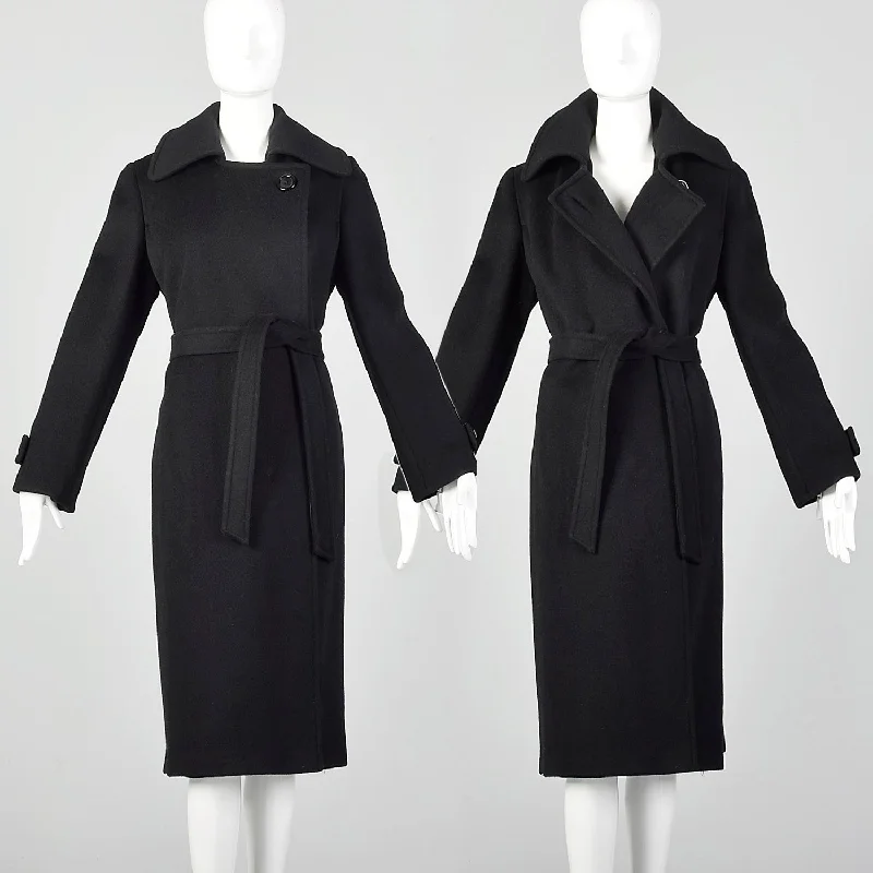 Small Black Heavyweight Wool 1970s Trench Coat Cozy Winter Wool Trench