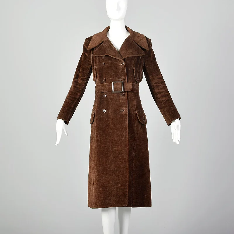 Small Brown Corduroy 70s Trench Stylish Faux Leather Trench