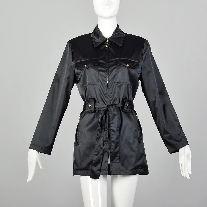 Small St John Sport Black Satin Mini Trench Coat Comfortable Double-Breasted Trench