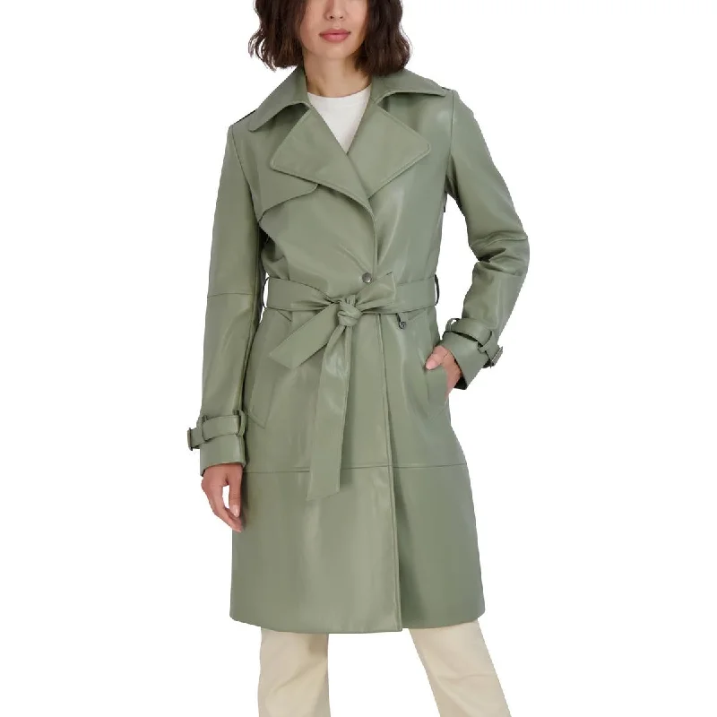 Tahari Womens Faux Leather Cold Weather Trench Coat Fashionable Pleated Trench Coat
