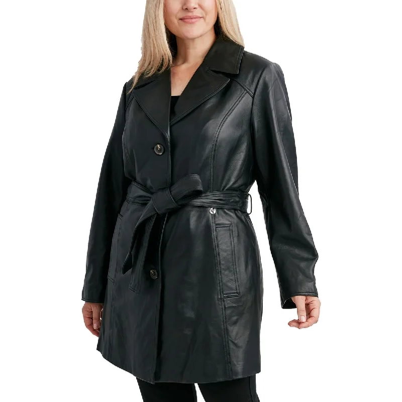 Tahari Womens Plus Leather Long Trench Coat Classic Trench Coat Outerwear