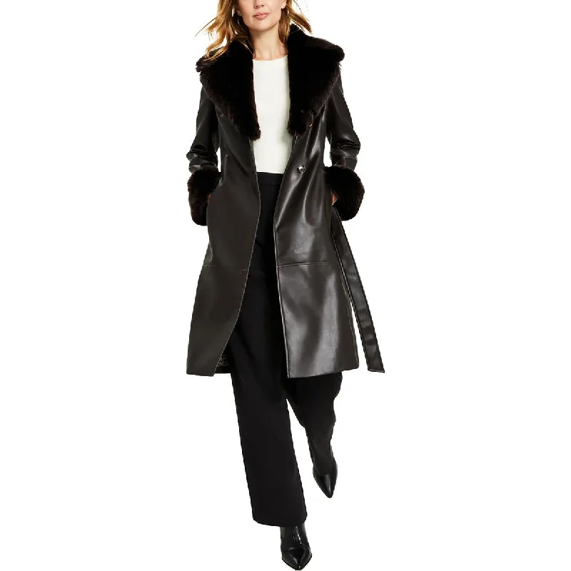 Via Spiga Womens Faux Leather Midi Trench Coat Classic Double-Breasted Wool Trench