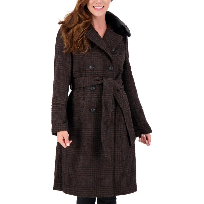 Vince Camuto Womens Wool Blend Midi Trench Coat Fashionable Tartan Trench Coat