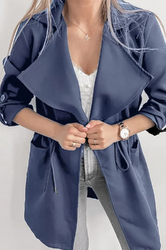 Women's Drawstring Waist Lapel Trench Coat Outwear with Pockets Classic Tailored Trench Coat Women's Drawstring Waist Lapel Trench Coat Outwear with Pockets Classic Tailored Trench Coat
