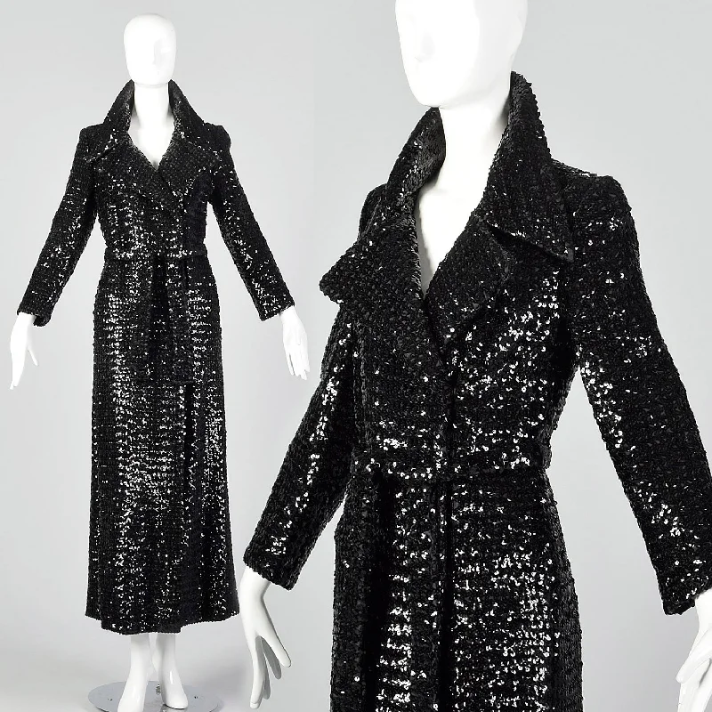 XS 1970s Black Sequin Trench Coat Trendy Long Wool Trench