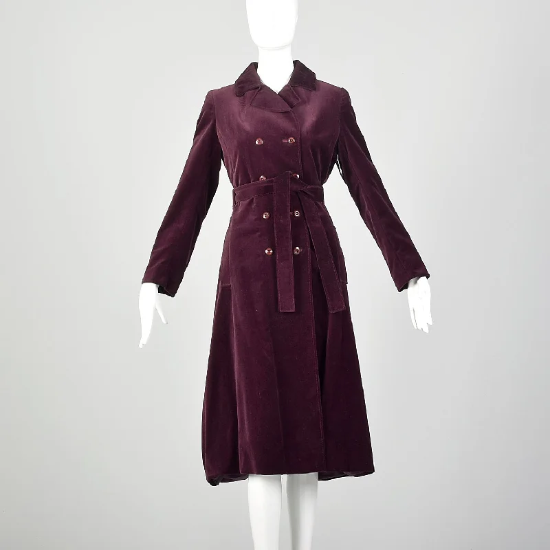 XS 1970s Coat Burgundy Plum Velvet Double Breasted Winter Belted Trench Coat Warm Long Sleeve Trench