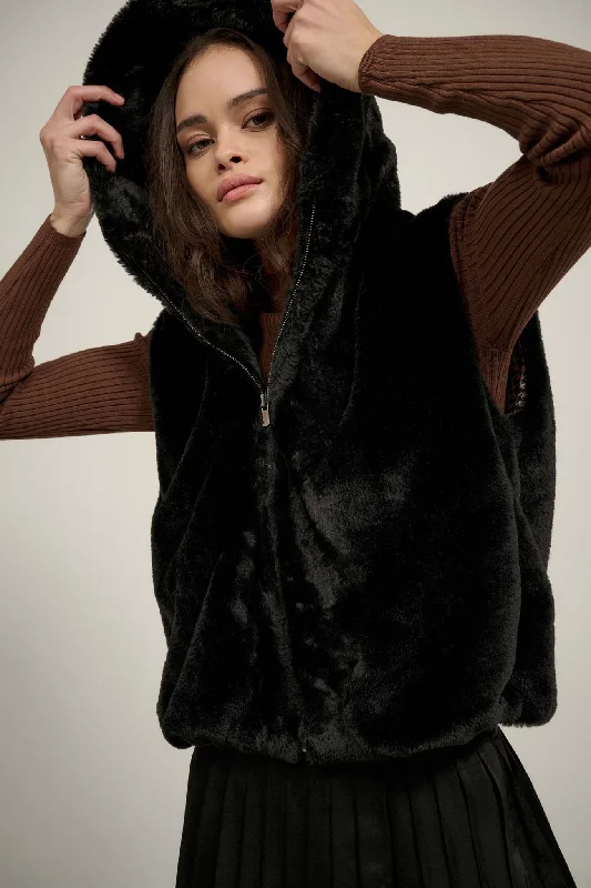 Bear With Me Faux Fur Hooded Vest Hoodie with Pattern Geometric Abstract