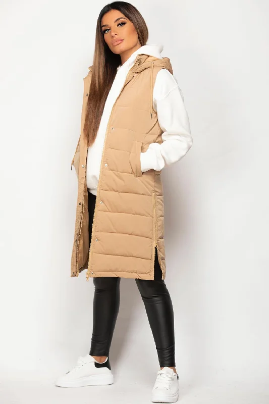 Camel Padded Longline Hooded Gilet Hoodie with Ribbed Hem Stretchable Secure
