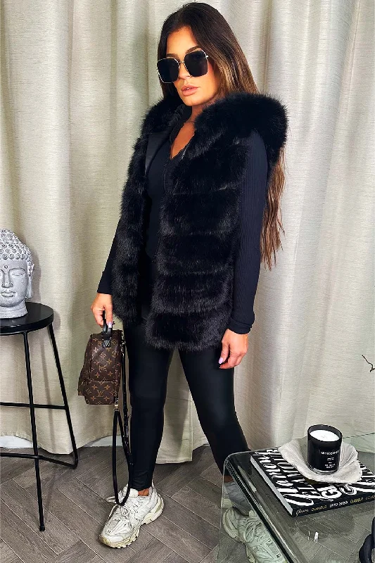 Faux Fur Hooded Gilet Black Hoodie with Ribbed Cuffs Snug Fit Comfort