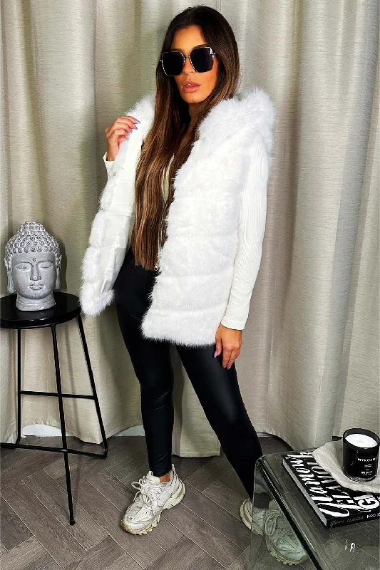 Faux Fur Hooded Gilet White Hoodie with Patch Decorative Personalized