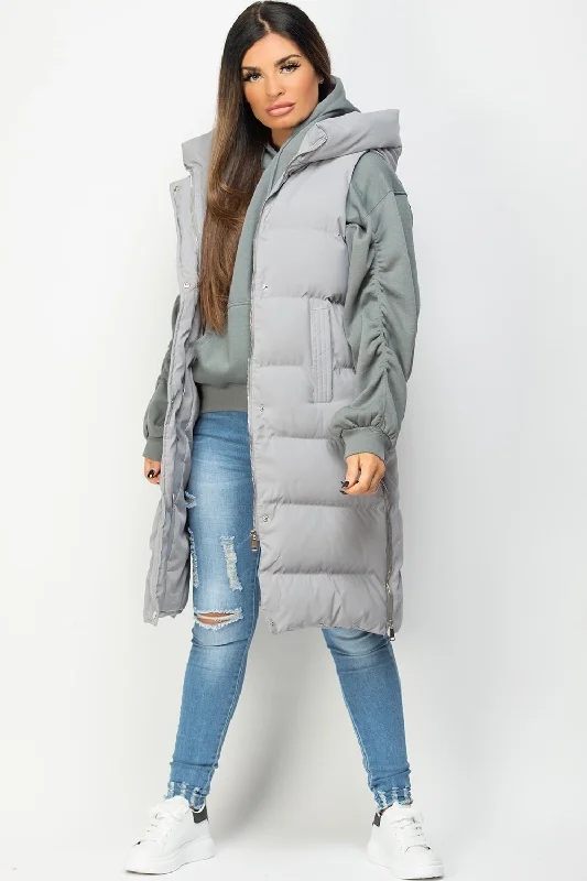 Grey Padded Longline Hooded Gilet Hoodie with Button Classic Timeless