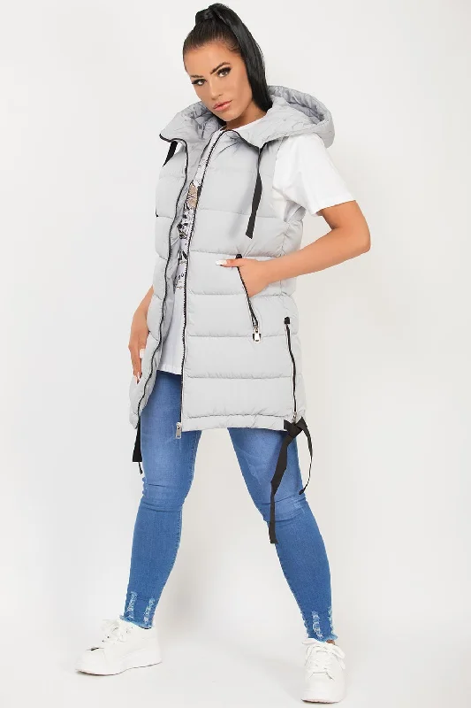 Hooded Puffer Gilet Body Warmer Grey Hoodie with Print Artistic Unique
