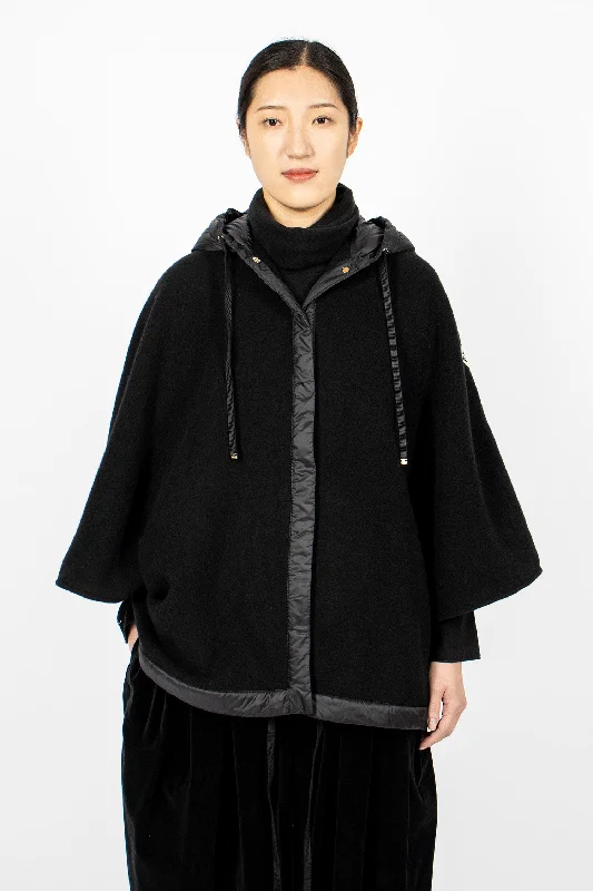 Hooded Wool Cape Black Hoodie with Lining Warm Insulated
