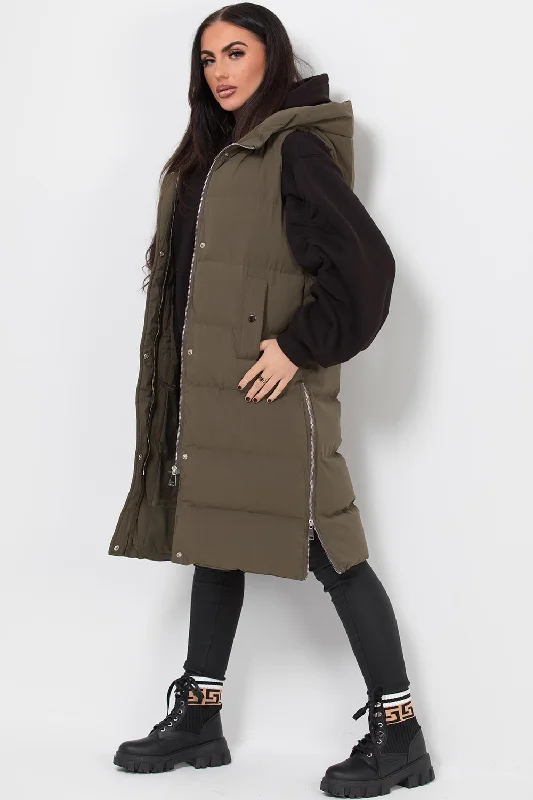 Longline Hooded Gilet Khaki Hoodie with Strings Custom Fit Adjustable