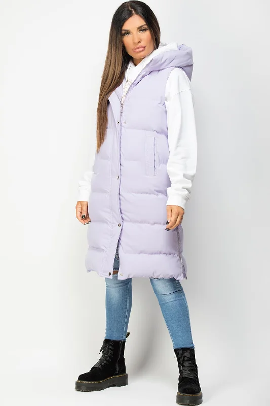 Padded Longline Hooded Gilet Lilac Hoodie with Zipper Versatile Modern