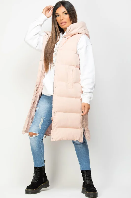 Padded Longline Hooded Gilet Pink Hoodie with Thumb Holes Functional Cozy