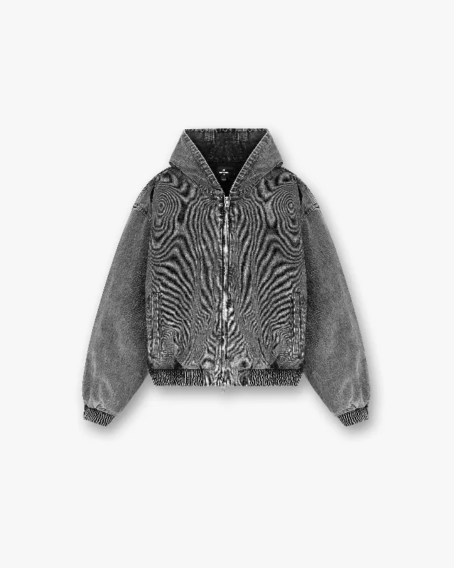 R5 Hooded Denim Bomber - Charcoal Grey Hoodie with Embroidery Detailed Premium