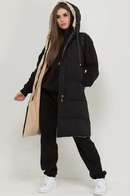 Reversible Padded Longline Hooded Gilet Black Stone Hoodie with Drawcord Adjustable Secure