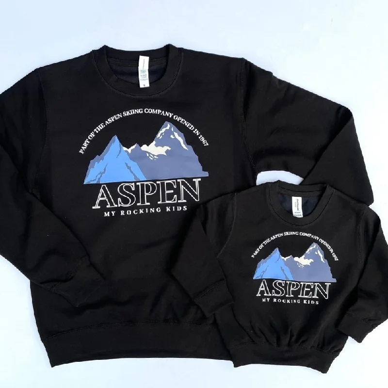 Aspen Ski Print Mum & Kid Matching Black Sweatshirts Hoodie with Hem Raw Edge Edgy Unfinished Aspen Ski Print Mum & Kid Matching Black Sweatshirts Hoodie with Hem Raw Edge Edgy Unfinished