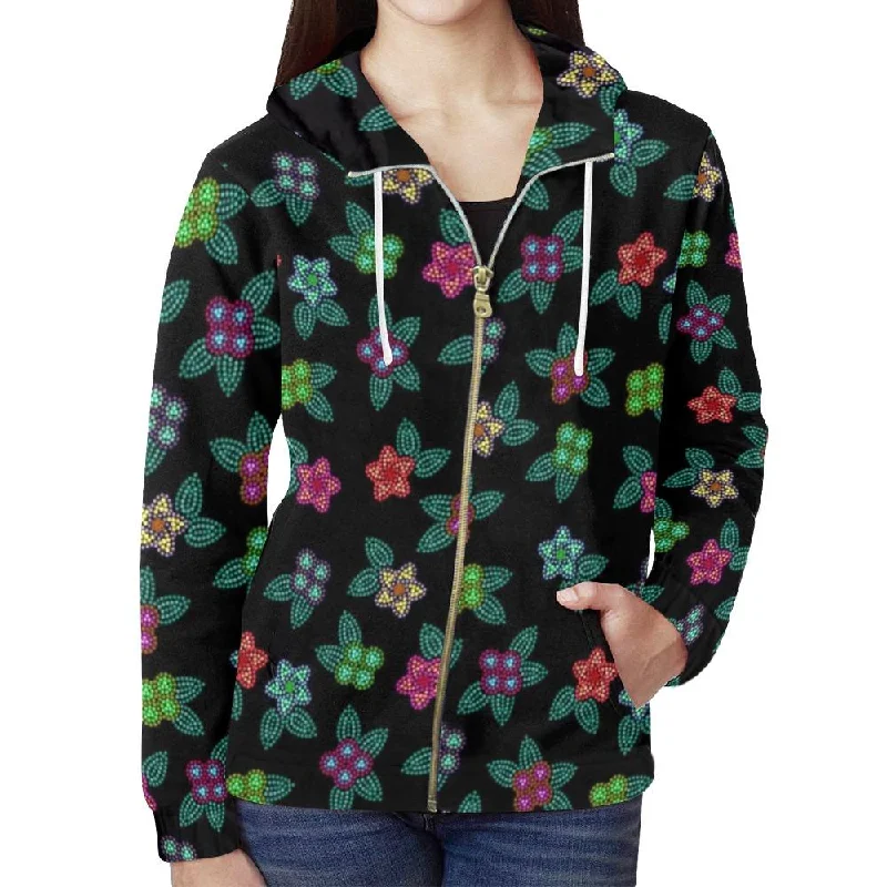 Berry Flowers Black Full Zip Hoodie for Women Hoodie with Hem Drawcord Adjustable Customizable Berry Flowers Black Full Zip Hoodie for Women Hoodie with Hem Drawcord Adjustable Customizable