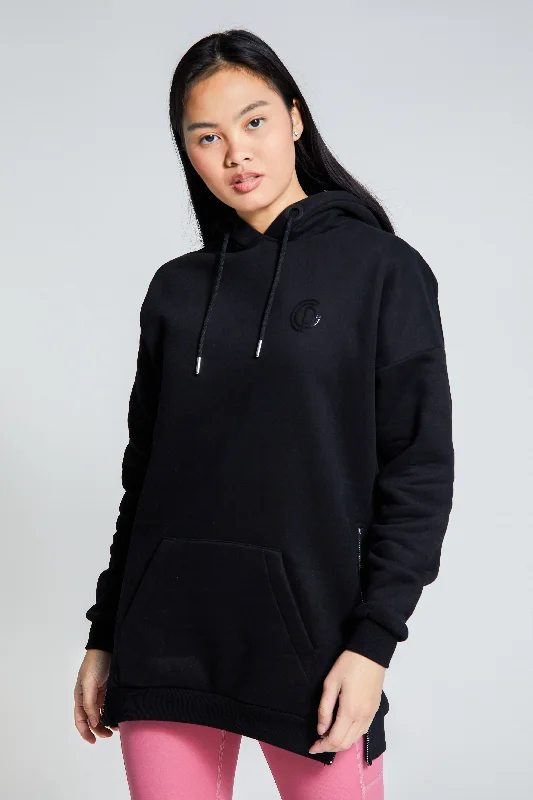 Womens - Longline Hoodie - Black Hoodie with Turtle Neck Cozy Winter