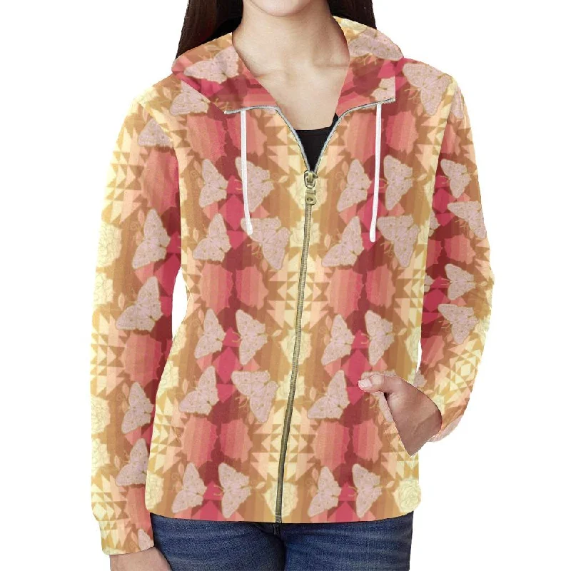 Butterfly and Roses on Geometric Full Zip Hoodie for Women Hoodie with Bell Sleeves Flared Feminine Butterfly and Roses on Geometric Full Zip Hoodie for Women Hoodie with Bell Sleeves Flared Feminine