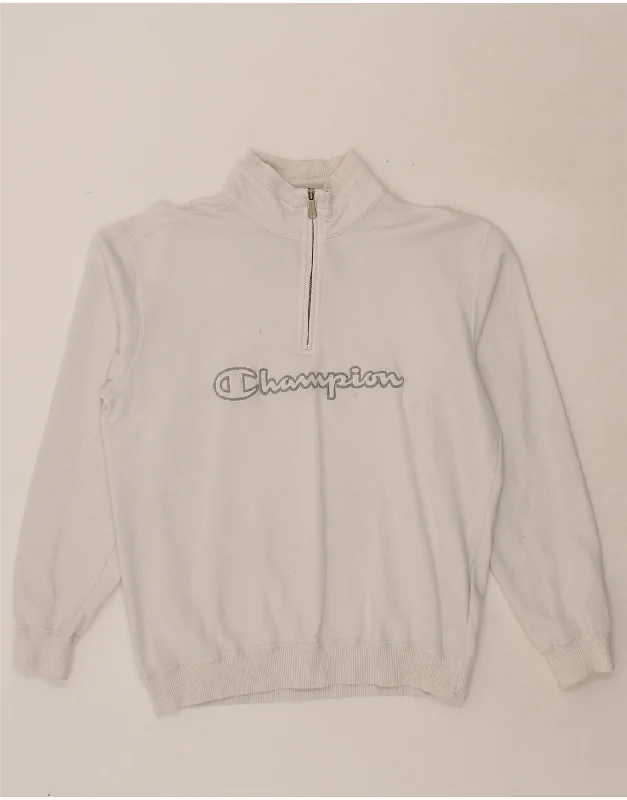 CHAMPION Mens Graphic Zip Neck Sweatshirt Jumper Large White Cotton Hoodie with Button Placket Classic Preppy CHAMPION Mens Graphic Zip Neck Sweatshirt Jumper Large White Cotton Hoodie with Button Placket Classic Preppy