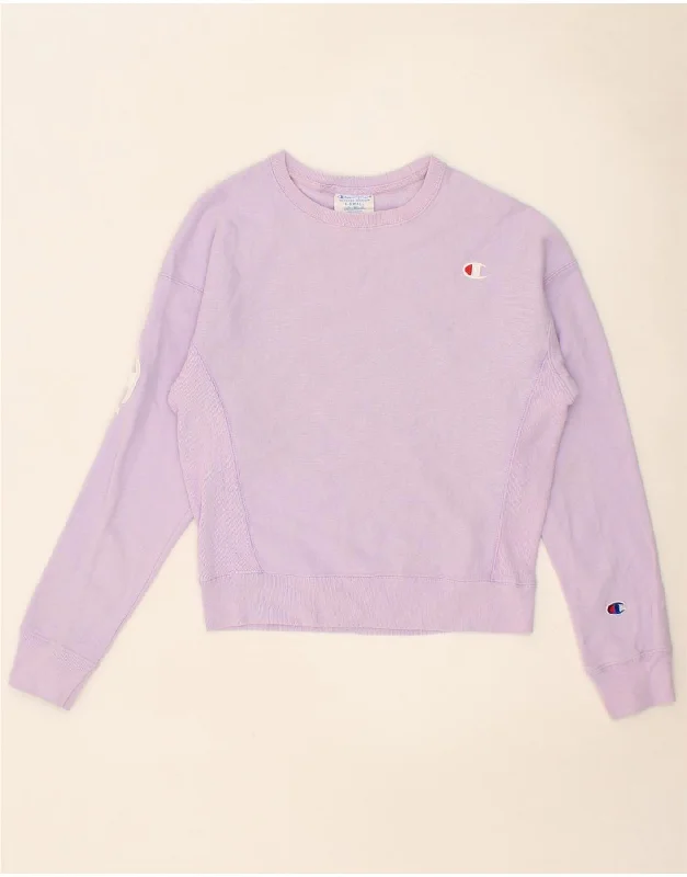 CHAMPION Womens Crop Graphic Sweatshirt Jumper UK 6 XS Purple Cotton Hoodie with Puffed Sleeves Voluminous Trendy CHAMPION Womens Crop Graphic Sweatshirt Jumper UK 6 XS Purple Cotton Hoodie with Puffed Sleeves Voluminous Trendy