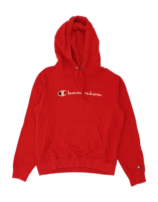 CHAMPION Womens Oversized Graphic Hoodie Jumper UK 10 Small Red Cotton Hoodie with Exposed Zipper Edgy Industrial CHAMPION Womens Oversized Graphic Hoodie Jumper UK 10 Small Red Cotton Hoodie with Exposed Zipper Edgy Industrial