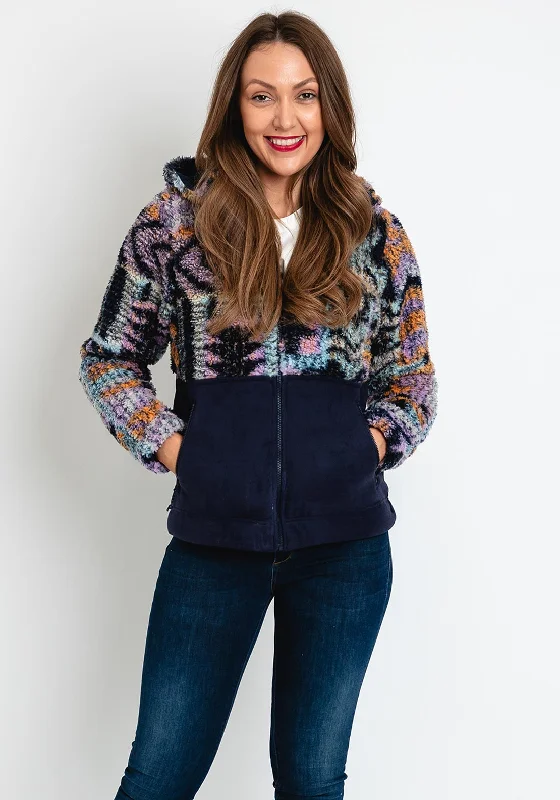 Columbia Womens Winter Pass™ Aztec Inspired Sherpa Hooded Fleece, Navy Multi Hoodie with Raw Hem Edgy Unfinished Columbia Womens Winter Pass™ Aztec Inspired Sherpa Hooded Fleece, Navy Multi Hoodie with Raw Hem Edgy Unfinished