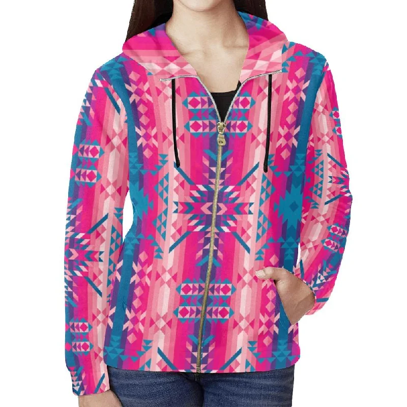 Desert Geo Blue Full Zip Hoodie for Women Hoodie with Color Block Contrast Stylish