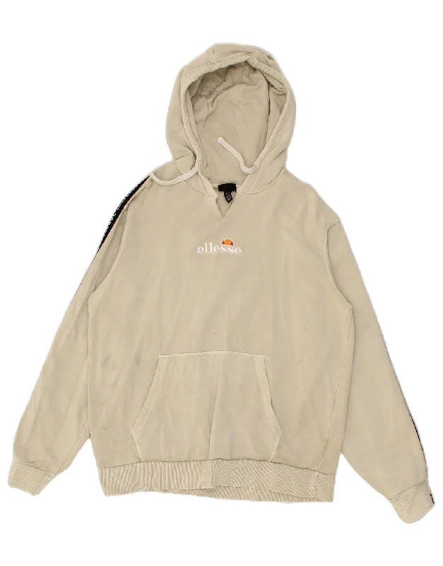 ELLESSE Womens Graphic Hoodie Jumper UK 14 Large Beige Colourblock Cotton Hoodie with Toggle Buttons Decorative Unique